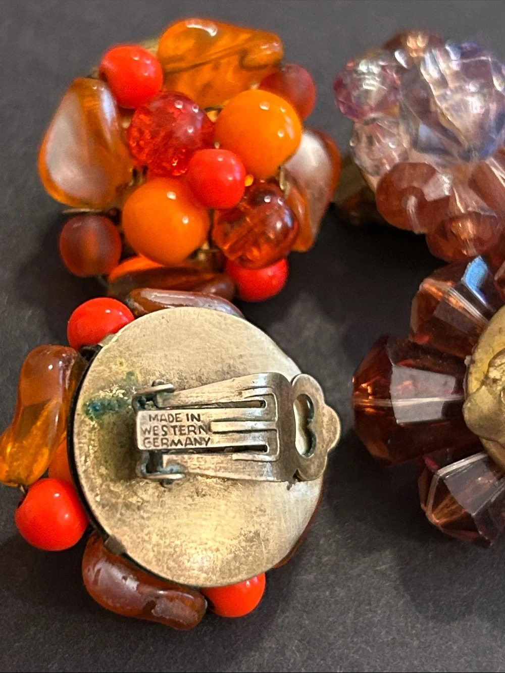 Vintage Cluster Clip-On Earrings - Orange & Amber Tones